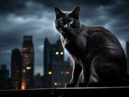pulcro gato encaramado en un techo en contra el ciudad horizonte ai generativo foto