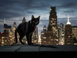 pulcro gato encaramado en un techo en contra el ciudad horizonte ai generativo foto