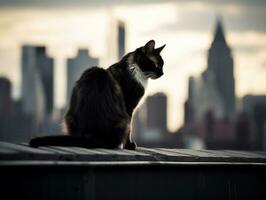 Sleek cat perched on a rooftop against the city skyline AI Generative photo