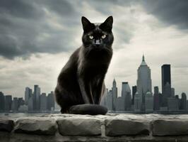 Sleek cat perched on a rooftop against the city skyline AI Generative photo