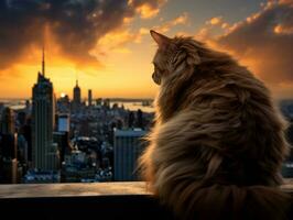 Sleek cat perched on a rooftop against the city skyline AI Generative photo