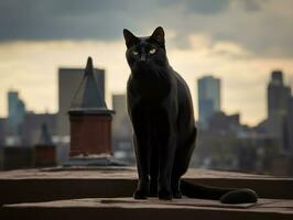 pulcro gato encaramado en un techo en contra el ciudad horizonte ai generativo foto