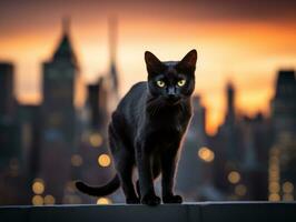 pulcro gato encaramado en un techo en contra el ciudad horizonte ai generativo foto