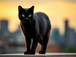 Sleek cat perched on a rooftop against the city skyline AI Generative photo