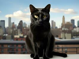 Sleek cat perched on a rooftop against the city skyline AI Generative photo
