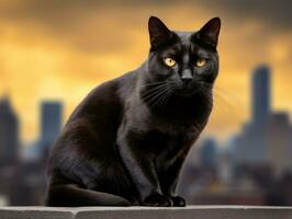 Sleek cat perched on a rooftop against the city skyline AI Generative photo