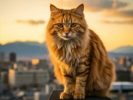 Sleek cat perched on a rooftop against the city skyline AI Generative photo
