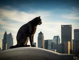 pulcro gato encaramado en un techo en contra el ciudad horizonte ai generativo foto