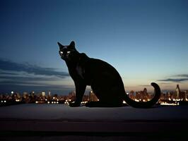 pulcro gato encaramado en un techo en contra el ciudad horizonte ai generativo foto