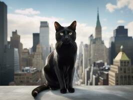 Sleek cat perched on a rooftop against the city skyline AI Generative photo