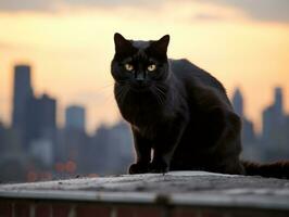 Sleek cat perched on a rooftop against the city skyline AI Generative photo