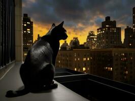 Sleek cat perched on a rooftop against the city skyline AI Generative photo