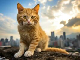 Sleek cat perched on a rooftop against the city skyline AI Generative photo