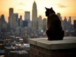 Sleek cat perched on a rooftop against the city skyline AI Generative photo