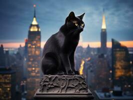 Sleek cat perched on a rooftop against the city skyline AI Generative photo