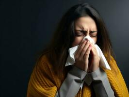 Woman is shown suffering from cold with runny nose on grey background AI Generative photo