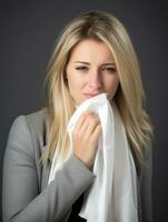 Woman is shown suffering from cold with runny nose on grey background AI Generative photo