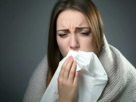 Woman is shown suffering from cold with runny nose on grey background AI Generative photo