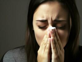 Woman is shown suffering from cold with runny nose on grey background AI Generative photo