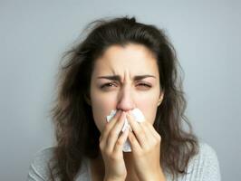 Woman is shown suffering from cold with runny nose on grey background AI Generative photo