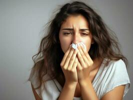 Woman is shown suffering from cold with runny nose on grey background AI Generative photo