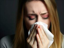 Woman is shown suffering from cold with runny nose on grey background AI Generative photo