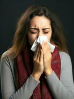 Woman is shown suffering from cold with runny nose on grey background AI Generative photo