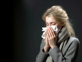 Woman is shown suffering from cold with runny nose on grey background AI Generative photo