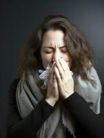 Woman is shown suffering from cold with runny nose on grey background AI Generative photo