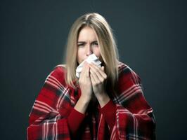 Woman is shown suffering from cold with runny nose on grey background AI Generative photo