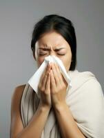 Woman is shown suffering from cold with runny nose on grey background AI Generative photo