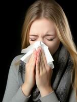 Woman is shown suffering from cold with runny nose on grey background AI Generative photo