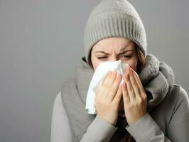 Woman is shown suffering from cold with runny nose on grey background AI Generative photo