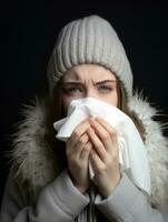 Woman is shown suffering from cold with runny nose on grey background AI Generative photo