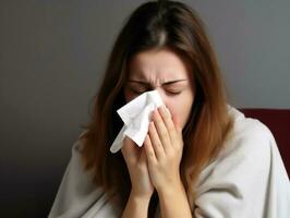 Woman is shown suffering from cold with runny nose on grey background AI Generative photo