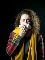 mujer es mostrado sufrimiento desde frío con líquido nariz en gris antecedentes ai generativo foto