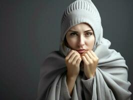 Woman is shown suffering from cold with runny nose on grey background AI Generative photo