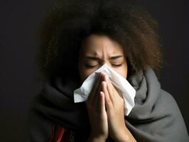 Woman is shown suffering from cold with runny nose on grey background AI Generative photo