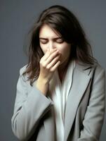 Woman is shown suffering from cold with runny nose on grey background AI Generative photo