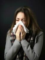 Woman is shown suffering from cold with runny nose on grey background AI Generative photo