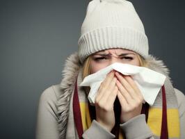 Woman is shown suffering from cold with runny nose on grey background AI Generative photo