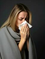 Woman is shown suffering from cold with runny nose on grey background AI Generative photo