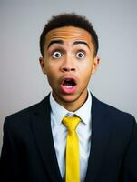 Young man with African features dressed in suit is shocked AI Generative photo