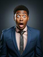 Young man with African features dressed in suit is shocked AI Generative photo