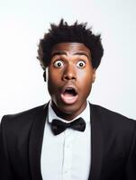 Young man with African features dressed in suit is shocked AI Generative photo