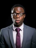 Young man with African features dressed in suit is shocked AI Generative photo