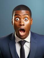 Young man with African features dressed in suit is shocked AI Generative photo