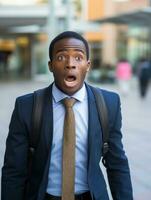 Young man with African features dressed in suit is shocked AI Generative photo