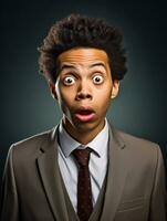 Young man with African features dressed in suit is shocked AI Generative photo