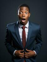 Young man with African features dressed in suit is shocked AI Generative photo